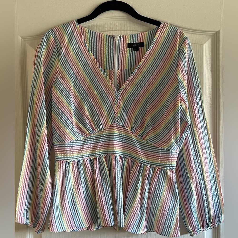 NWT J. Crew Rainbow Multicolor Stripe Seersucker Peplum Cotton Blouse